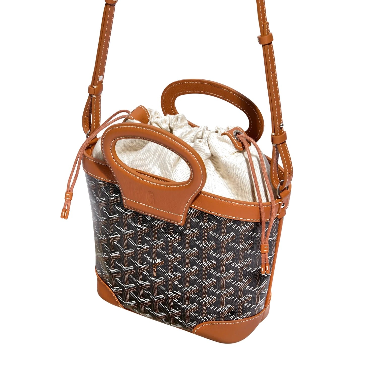 Drawstring Mini Bucket Bag - Black & Tan - 8